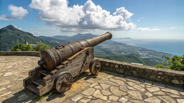 "Rustic Coastal Cannon Overlooking Scenic Hills and Ocean at Sunset"