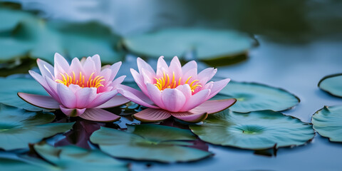 Beautiful pink water lilies floating on serene pond surface