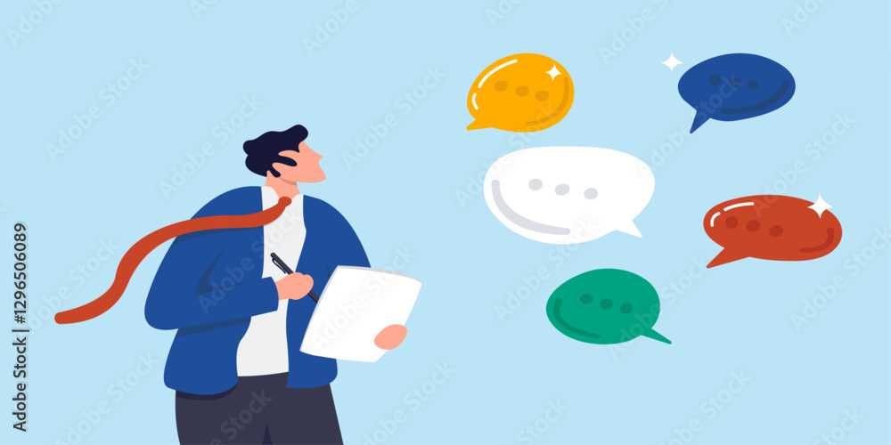 Aufkleber businessman writes down opinions based on discussion. illustration with a man and a notepad, and var