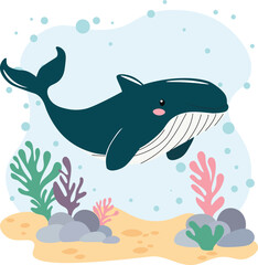 Cute whale against the background of the sea. Postcard, sticker. Children's educational material
