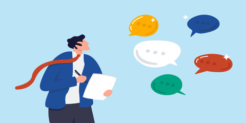 Businessman writes down opinions based on discussion. Illustration with a man and a notepad, and various positions.