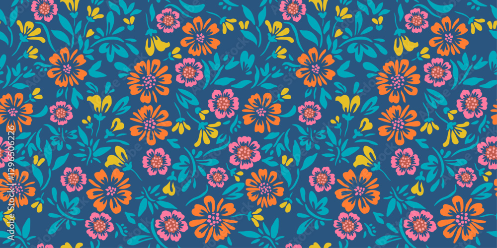 Leinwandbilder Background blue color and pattern of flowers. Stylish background of buds and petals, seamless pattern for print.
