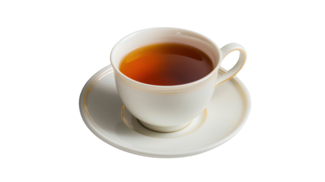 Porcelain tea cup filled with hot aromatic tea on transparent background
