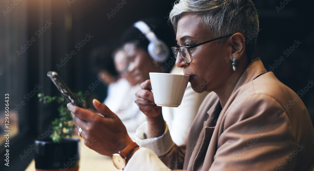 Poster face, phone and business woman drinking coffee in a cafe while reading a text message for communicat