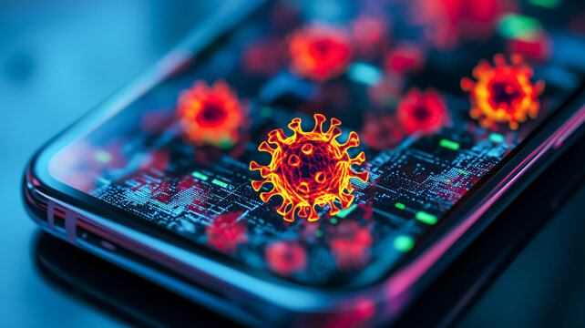 Smartphone display featuring vibrant covid-19 virus illustrations and digital data - Powered by Adobe