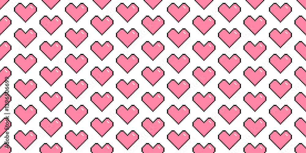Poster background of pink hearts. repeating pattern of pixelated hearts.