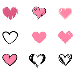 A set of various hand-drawn hearts. Simple icons in pink or black. Set of unique stylish hearts.