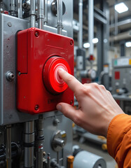 a hand pressing a red emergency stop button in an industrial setting, ensuring safety in the workplace with surrounding machinery blurred.