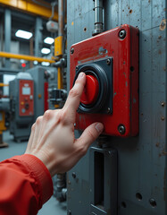 a hand pressing a red emergency stop button in an industrial setting, ensuring safety in the workplace with surrounding machinery blurred.