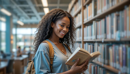 A happy young African student girl stands at a bookshelf in a public library or bookshop, browsing and selecting books with a bright smile.