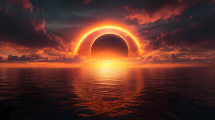 A sunset over the ocean with a rainbow in the sky. Eclipsed Sun Over Ocean. Illustration
