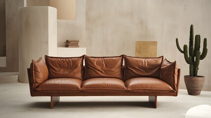 A modern leather sofa with clean cushions, placed in a minimalist living room setting.