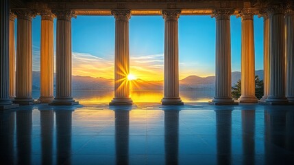 Fototapeta premium Sunrise view through classical columns reflecting on polished floor.