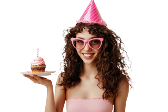 A lively and humorous young woman wearing pink glasses and a birthday hat, holding a cake on a plate with both hands, makes a wish with her eyes closed. - Powered by Adobe