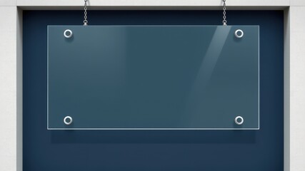 Blank Transparent Signboard on Blue Wall with Chains for Display