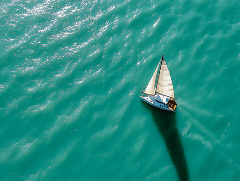 Catamaran sailing in emerald green water, aerial view of tranquil scene