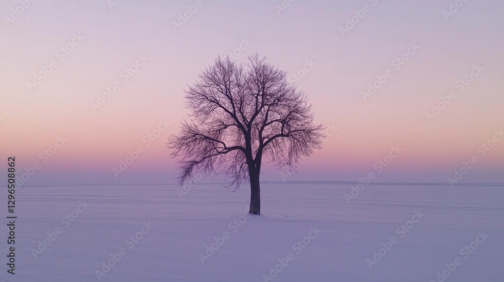 Poster a lone tree on a vast white snowy field under a soft gradient sky