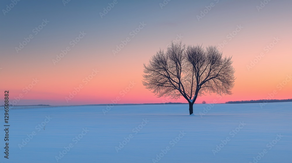 Poster a lone tree on a vast white snowy field under a soft gradient sky