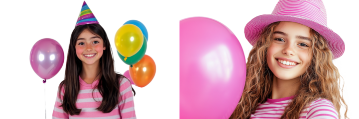 A birthday girl, delighted, holds a pink balloon during her celebration.