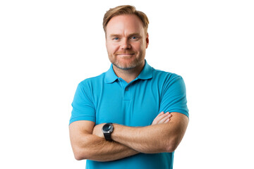 A good-looking young man with a smile, wearing a blue polo shirt, stands with his arms crossed.