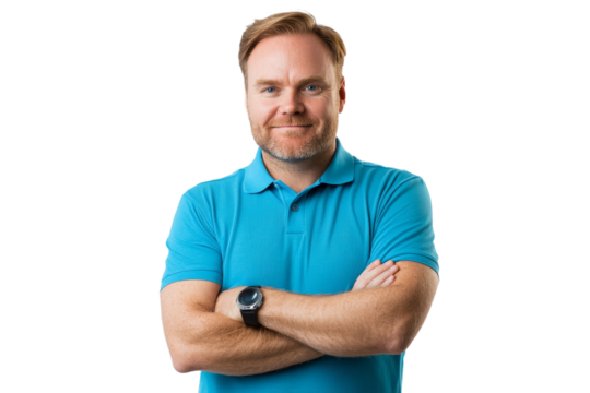 A good-looking young man with a smile, wearing a blue polo shirt, stands with his arms crossed.