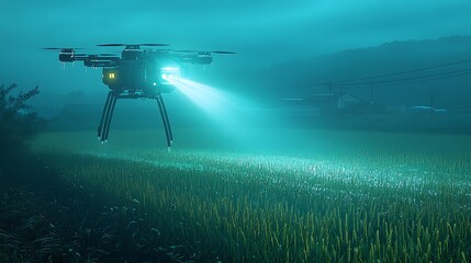 Fototapeta premium Drone Hovering Over Misty Field at Night, A drone with bright lights hovers over a misty field at night