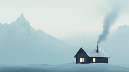 Fototapeta premium A minimal winter scene with a single cabin and chimney smoke