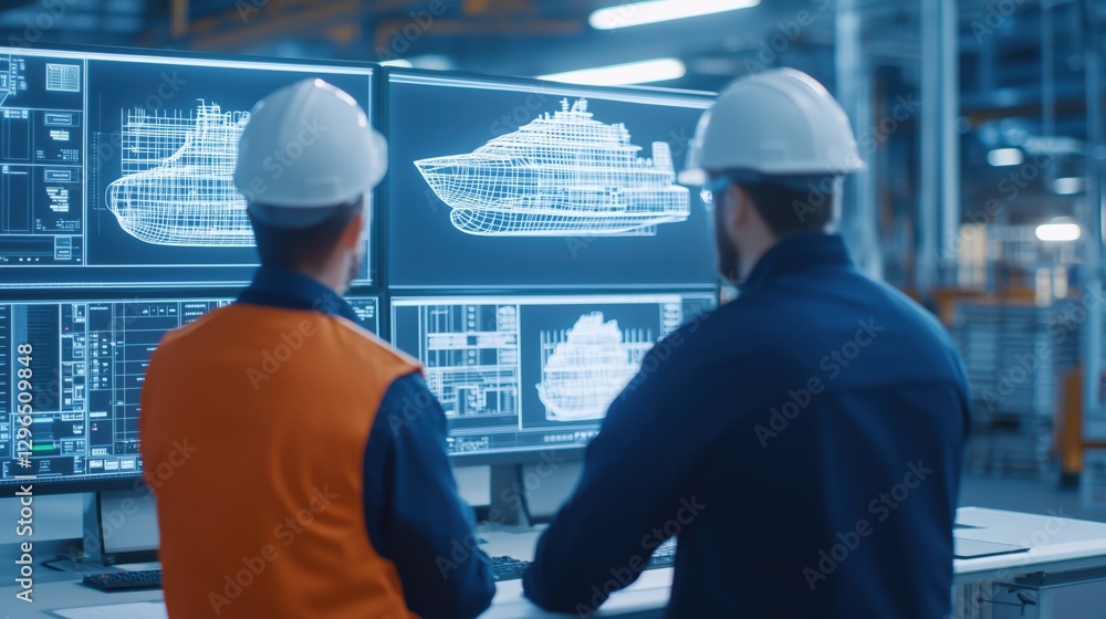 Poster engineers analyzing ship design and blueprint alongside advanced technology in modern shipbuilding f