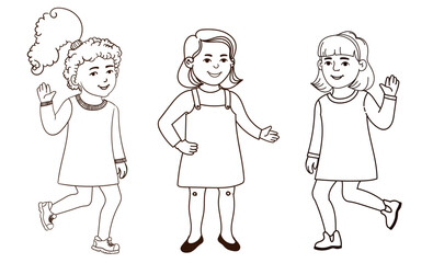 Vector Outline Set of Illustration of Cute Little Girls Isolated on White Background