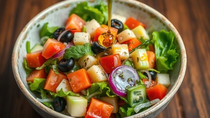 Fresh Colorful Vegetable Salad with Olive Oil Drizzle in Bowl
