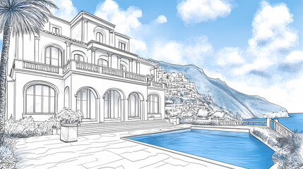 Fototapeta premium Luxury Mediterranean Villa Estate Sketch with Swimming Pool and Scenic Coastal Mountain View Featuring Elegant Architectural Design Detail