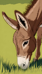 A young brown donkey grazes on a lush green field under sunlight Vertical Mobile Wallpaper
