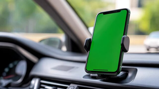 Smartphone Holder in Car Interior with Green Screen Display