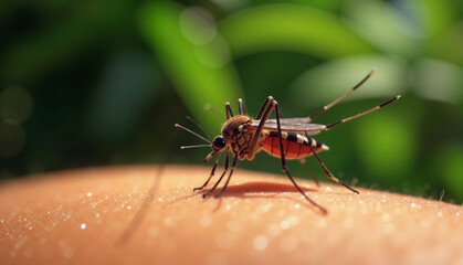 Fototapeta premium Mosquito feeding on skin with green blurred background