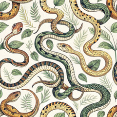 Fototapeta premium Intricate illustration of various snakes intertwined with green leaves, showcasing detailed patterns and vibrant colors. design is both captivating and dynamic