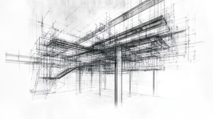 Abstract architectural sketch, building design, modern structure, wireframe, background clouds, for presentations
