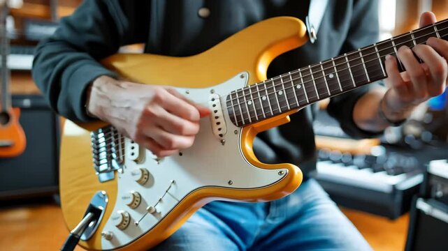 Person Playing Electric Guitar in a Cozy Music Studio Setting