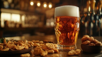 Cold beer with roasted peanuts, on wooden table, Still Life style