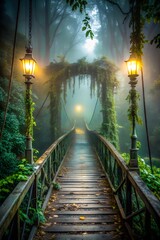 Abandoned Bridge in Dense Forest: Eerie Nightscape of Fog, Decay, and Shadows