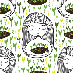 Minimalist Spring Seamless Pattern Girl with Plants and Sprouts