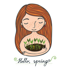 Hello Spring Hand-Drawn Girl with Growing Plants