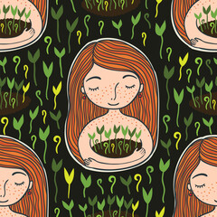 Seamless Spring Pattern Girl with Plants and Green Sprouts