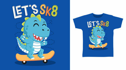 Cute dinosaur with skateboard hand drawn, ready for print on t shirt and other uses