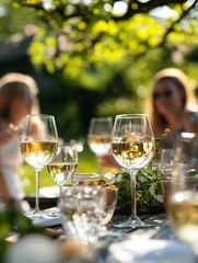 Elegant outdoor gathering scene with glasses of white wine on a sunlit table, surrounded by blurred guests and greenery.