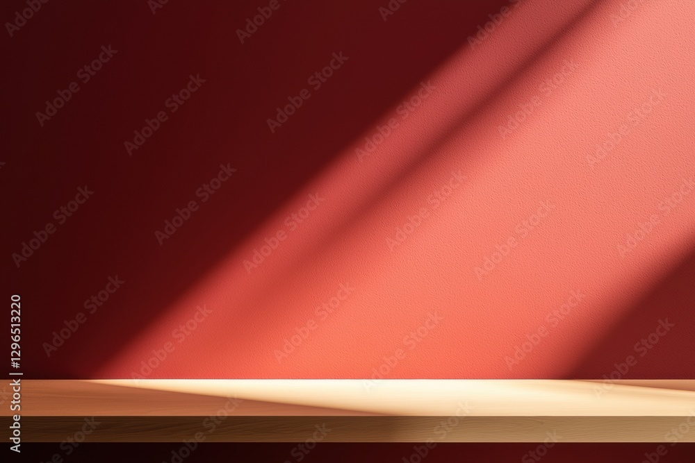 Aufkleber Empty wooden tabletop on red gradient background with light beam creating shadows