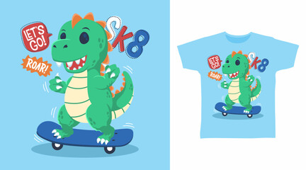 Cool dinosaur with skateboard hand drawn, ready for print on t shirt and other uses.