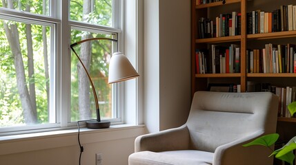 A cozy reading nook with a comfortable armchair, a floor lamp, and a bookshelf filled with books, nestled in a corner by a window
