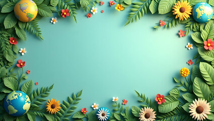 Earth and sustainability icons border frame with eco copy space for Earth Day concept as Sustainability icons surrounding Earth globe framing eco friendly space for Earth Day messages in  Photo Stock 