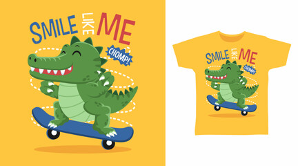 Cute crocodile with skateboard hand drawn, ready for print on t shirt and other uses.