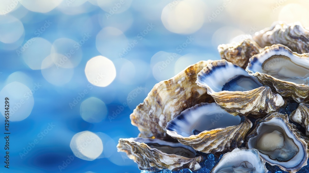 Poster assorted oyster shells placed on a blue ocean-themed background with soft reflections and a dreamy a